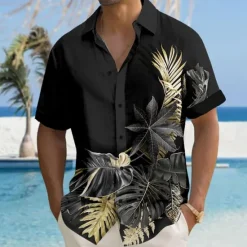 Clearance OUKU Men's Palm Leaf Tropical Plants Summer Hawaiian Shirt Aloha Shirt Short Sleeves Shirt Turndown Hawaiian Casual Resort Outdoor Vacation Street Black Grey Black Gold S M L