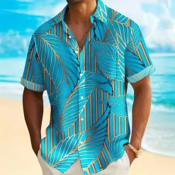 OUKU Men's Palm Leaf Tropical Plants Summer Hawaiian Shirt Button Up Shirt Short Sleeve Hawaiian Resort Vacation Holiday Beach Wear Summer Spring Turndown Collared Shirts Front One Pocket Blue Sky Blue