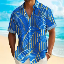 OUKU Men's Palm Leaf Tropical Plants Summer Hawaiian Shirt Button Up Shirt Short Sleeve Hawaiian Resort Vacation Holiday Beach Wear Summer Spring Turndown Collared Shirts Front One Pocket Blue Sky Blue