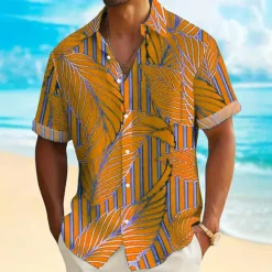 OUKU Men's Palm Leaf Tropical Plants Summer Hawaiian Shirt Button Up Shirt Short Sleeve Hawaiian Resort Vacation Holiday Beach Wear Summer Spring Turndown Collared Shirts Front One Pocket Blue Sky Blue