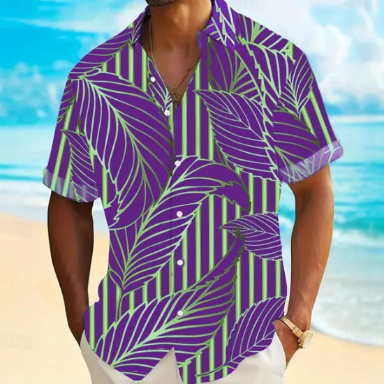 OUKU Men's Palm Leaf Tropical Plants Summer Hawaiian Shirt Button Up Shirt Short Sleeve Hawaiian Resort Vacation Holiday Beach Wear Summer Spring Turndown Collared Shirts Front One Pocket Blue Sky Blue