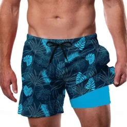 Sale OUKU Men's Palm Leaf Tropical Plants Lined Shorts 2 in 1 Board Shorts Swim Shorts Mid Waist Hawaiian Vacation Beach Wear Side Pockets With Compression Liner Elastic Drawstring Waist Designer Clothing