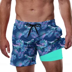 Sale OUKU Men's Palm Leaf Tropical Plants Lined Shorts 2 in 1 Board Shorts Swim Shorts Mid Waist Hawaiian Vacation Beach Wear Side Pockets With Compression Liner Elastic Drawstring Waist Designer Clothing