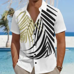 Hot OUKU Men's Palm Leaf Tropical Plants Summer Hawaiian Shirt Aloha Shirt Short Sleeves Shirt Turndown Hawaiian Casual Resort Outdoor Vacation Street White #2 White S M L