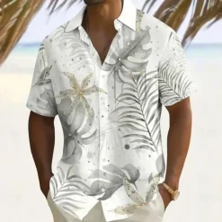 OUKU Men's Palm Leaf Tropical Plants Summer Hawaiian Shirt Button Up Shirt Aloha Shirt Short Sleeve Hawaiian Holiday Beach Wear Summer Spring Turndown 3D Print Collared Shirts Front One Pocket White Blue