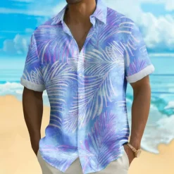 Best OUKU Men's Palm Leaf Tropical Plants Shirt Summer Hawaiian Shirt Button Up Shirt Short Sleeve Hawaiian Resort Vacation Holiday Beach Wear Summer Spring Turndown 3D Print Collared Shirts Blue Purple Green