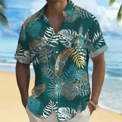 OUKU Men's Palm Leaf Tropical Plants Summer Hawaiian Shirt Button Up Shirt Aloha Shirt Short Sleeve Hawaiian Holiday Beach Wear Summer Spring Turndown 3D Print Collared Shirts Front One Pocket Black Green