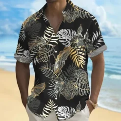 OUKU Men's Palm Leaf Tropical Plants Summer Hawaiian Shirt Button Up Shirt Aloha Shirt Short Sleeve Hawaiian Holiday Beach Wear Summer Spring Turndown 3D Print Collared Shirts Front One Pocket Black Green