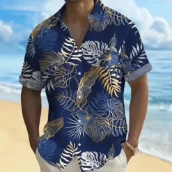 OUKU Men's Palm Leaf Tropical Plants Summer Hawaiian Shirt Button Up Shirt Aloha Shirt Short Sleeve Hawaiian Holiday Beach Wear Summer Spring Turndown 3D Print Collared Shirts Front One Pocket Black Green