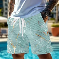 Discount OUKU Men's Palm Leaf Tropical Plants Waffle Shorts Sweat Shorts Casual Shorts Mid Waist Fashion Casual Vacation Jogging Workout Elastic Drawstring Waist Shorts with Pockets Designer Clothing Apparel