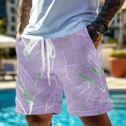 Discount OUKU Men's Palm Leaf Tropical Plants Waffle Shorts Sweat Shorts Casual Shorts Mid Waist Fashion Casual Vacation Jogging Workout Elastic Drawstring Waist Shorts with Pockets Designer Clothing Apparel
