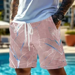 Discount OUKU Men's Palm Leaf Tropical Plants Waffle Shorts Sweat Shorts Casual Shorts Mid Waist Fashion Casual Vacation Jogging Workout Elastic Drawstring Waist Shorts with Pockets Designer Clothing Apparel