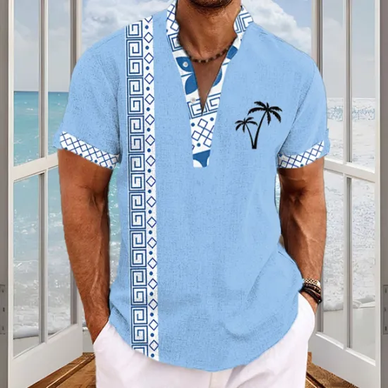 Online OUKU Men's Palm Tree Ethnic Tropical Plants Summer Hawaiian Shirt Aloha Shirt Short Sleeve Shirt Turndown Hawaiian Resort Outdoor Party Business / Ceremony / Wedding White Blue Green S M L