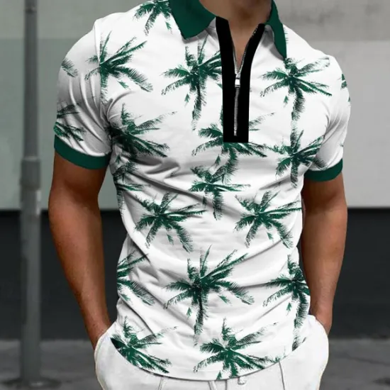 Best OUKU Men's Palm Tree Hawaiian Polo Shirts Golf Shirt Short Sleeve Polo Shirts Collared Shirts Casual Beach Wear Vacation Wear Tropical Wear Party Outfits 3D Print Quarter Zip Polo Summer Dark Navy Green
