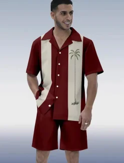 Hot OUKU Men's Palm Tree 2pcs Shirts Sets Summer Hawaiian Shirt Short Sleeve Short Pants Cuban Collar beach vacation Party Casual Daily 3D Print Summer Robin's Egg Blue Black Red