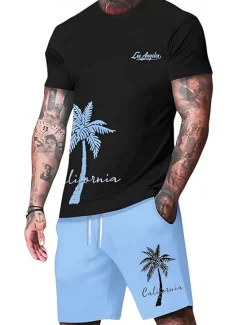Discount OUKU Men's Palm Tree 2pcs Tees sets Summer Tops Short Sleeve Short Pants Crew Neck Sport Casual beach vacation Outdoor Sport Daily 3D Print Summer Black Green Red