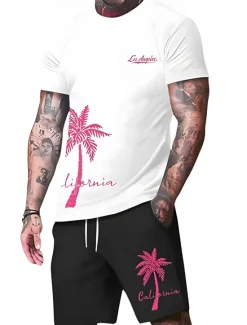 Discount OUKU Men's Palm Tree 2pcs Tees sets Summer Tops Short Sleeve Short Pants Crew Neck Sport Casual beach vacation Outdoor Sport Daily 3D Print Summer Black Green Red