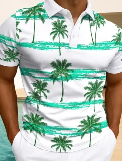 Outlet OUKU Men's Palm Tree Polo Hawaiian Polo Shirts Short Sleeve Polo Shirts Collared Shirts Casual Resort Daily Wear Home Wear Vacation Wear 3D Print Buttons Summer White Light Green Blue