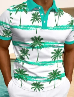 Outlet OUKU Men's Palm Tree Polo Hawaiian Polo Shirts Short Sleeve Polo Shirts Collared Shirts Casual Resort Daily Wear Home Wear Vacation Wear 3D Print Buttons Summer White Light Green Blue