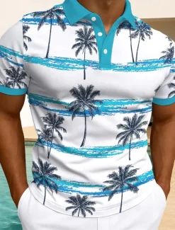 Outlet OUKU Men's Palm Tree Polo Hawaiian Polo Shirts Short Sleeve Polo Shirts Collared Shirts Casual Resort Daily Wear Home Wear Vacation Wear 3D Print Buttons Summer White Light Green Blue