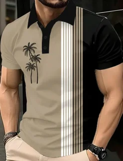 Best OUKU Men's Palm Tree Polo Short Sleeve Polo Shirts Lapel Casual Resort Athleisure Hawaiian 3D Print Buttons Summer Blue Purple Brown