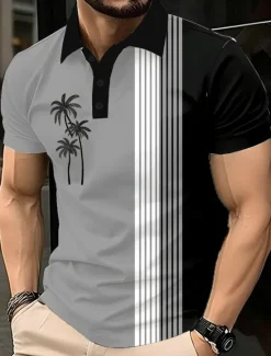 Best OUKU Men's Palm Tree Polo Short Sleeve Polo Shirts Lapel Casual Resort Athleisure Hawaiian 3D Print Buttons Summer Blue Purple Brown