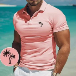Discount OUKU Men's Palm Tree Polo Short Sleeve Polo Shirts Collared Shirts Casual Resort Outdoor Daily Wear Vacation Wear 3D Print Summer White Pink Blue