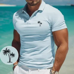 Discount OUKU Men's Palm Tree Polo Short Sleeve Polo Shirts Collared Shirts Casual Resort Outdoor Daily Wear Vacation Wear 3D Print Summer White Pink Blue