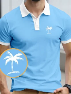 Best OUKU Men's Palm Tree Polo Short Sleeve Polo Shirts Collared Shirts Resort Daily Wear Vacation Wear 3D Print Summer Black Yellow Navy Blue