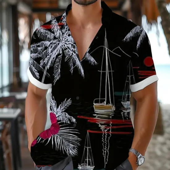 Online OUKU Men's Palm Tree Sailboat Tropical Plants Shirt Summer Hawaiian Shirt Aloha Shirt Short Sleeve Shirt Turndown Vacation Hawaiian Resort Style Outdoor Vacation Beach Black White S M L