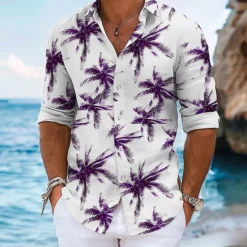 Online OUKU Men's Palm Tree Summer Hawaiian Shirt Aloha Shirt Long Sleeve Hawaiian Beach Vacation Summer Spring Turndown Button Up Blue Purple Green
