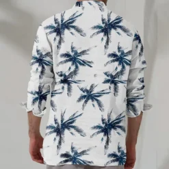 Online OUKU Men's Palm Tree Summer Hawaiian Shirt Aloha Shirt Long Sleeve Hawaiian Beach Vacation Summer Spring Turndown Button Up Blue Purple Green