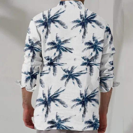 Online OUKU Men's Palm Tree Summer Hawaiian Shirt Aloha Shirt Long Sleeve Hawaiian Beach Vacation Summer Spring Turndown Button Up Blue Purple Green