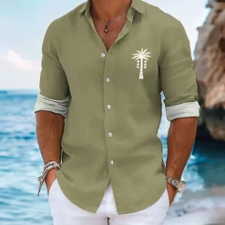 Best OUKU Men's Palm Tree Summer Hawaiian Shirt Aloha Shirt Long Sleeve Hawaiian Resort Vacation Causal Casual Summer Spring Turndown Button Up Navy Blue Blue Sky Blue Green Beige