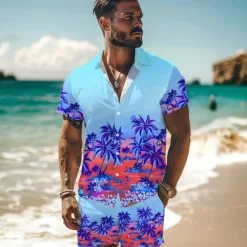 Hot OUKU Men's Palm Tree Tropical Plants Seascape Pattern 2pcs Shirts Sets Summer Hawaiian Shirt Short Sleeve Short Pants Turndown Vacation Hawaiian Outdoor Vacation Hawaiian Buttons Pocket Print Summer All