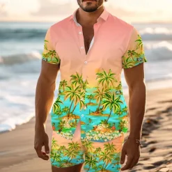 Hot OUKU Men's Palm Tree Tropical Plants Seascape Pattern 2pcs Shirts Sets Summer Hawaiian Shirt Short Sleeve Short Pants Turndown Vacation Hawaiian Outdoor Vacation Hawaiian Buttons Pocket Print Summer All