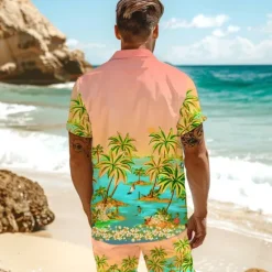 Hot OUKU Men's Palm Tree Tropical Plants Seascape Pattern 2pcs Shirts Sets Summer Hawaiian Shirt Short Sleeve Short Pants Turndown Vacation Hawaiian Outdoor Vacation Hawaiian Buttons Pocket Print Summer All