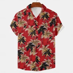 Hot OUKU Men's Palm Tree Tropical Plants Shirt Summer Hawaiian Shirt Aloha Shirt Short Sleeve Shirt Turndown Vacation Hawaiian Resort Style Outdoor Vacation Beach Yellow Red Dark Navy S M L