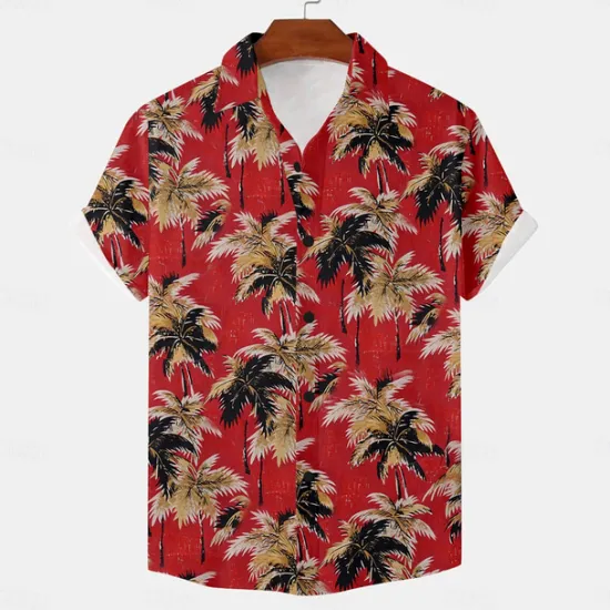 Hot OUKU Men's Palm Tree Tropical Plants Shirt Summer Hawaiian Shirt Aloha Shirt Short Sleeve Shirt Turndown Vacation Hawaiian Resort Style Outdoor Vacation Beach Yellow Red Dark Navy S M L