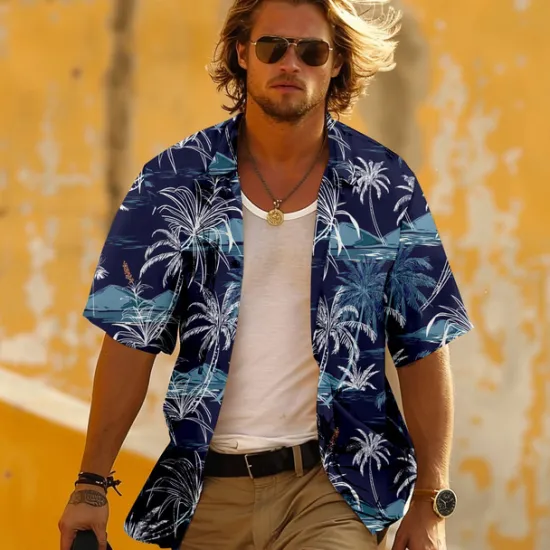 Hot OUKU Men's Palm Tree Tropical Plants Shirt Summer Hawaiian Shirt Aloha Shirt Short Sleeve Shirt Turndown Vacation Hawaiian Resort Style Outdoor Vacation Beach Yellow Red Dark Navy S M L