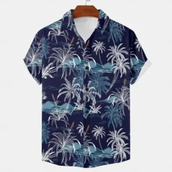 Hot OUKU Men's Palm Tree Tropical Plants Shirt Summer Hawaiian Shirt Aloha Shirt Short Sleeve Shirt Turndown Vacation Hawaiian Resort Style Outdoor Vacation Beach Yellow Red Dark Navy S M L