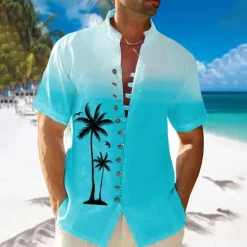 Hot OUKU Men's Palm Tree Tropical Plants Summer Hawaiian Shirt Aloha Shirt Printed Shirts Short Sleeves Shirt Standing Collar Hawaiian Resort Vacation Holiday Daily Wear S M L Blue