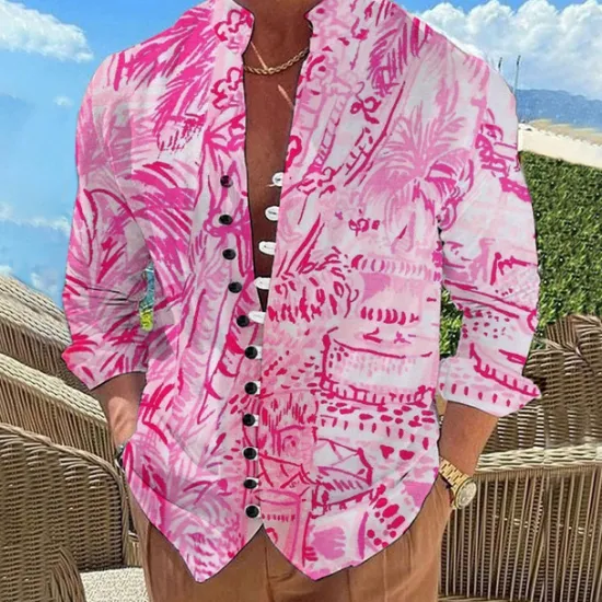 New OUKU Men's Palm Tree Tropical Plants Summer Hawaiian Shirt Aloha Shirt Printed Shirts Long Sleeve Shirt Standing Collar Hawaiian Resort Outdoor Vacation Daily Wear Pink Blue Orange S M L
