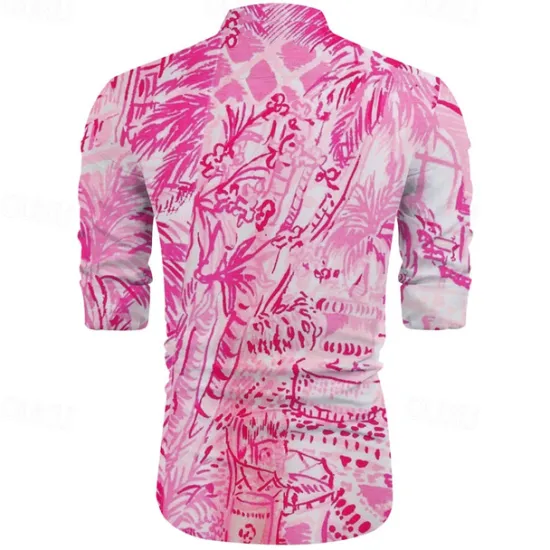 New OUKU Men's Palm Tree Tropical Plants Summer Hawaiian Shirt Aloha Shirt Printed Shirts Long Sleeve Shirt Standing Collar Hawaiian Resort Outdoor Vacation Daily Wear Pink Blue Orange S M L