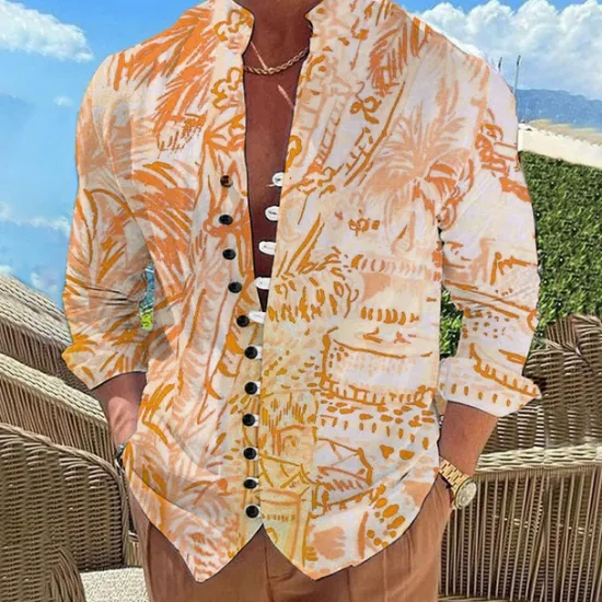 New OUKU Men's Palm Tree Tropical Plants Summer Hawaiian Shirt Aloha Shirt Printed Shirts Long Sleeve Shirt Standing Collar Hawaiian Resort Outdoor Vacation Daily Wear Pink Blue Orange S M L