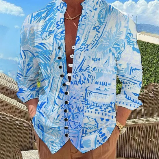 New OUKU Men's Palm Tree Tropical Plants Summer Hawaiian Shirt Aloha Shirt Printed Shirts Long Sleeve Shirt Standing Collar Hawaiian Resort Outdoor Vacation Daily Wear Pink Blue Orange S M L