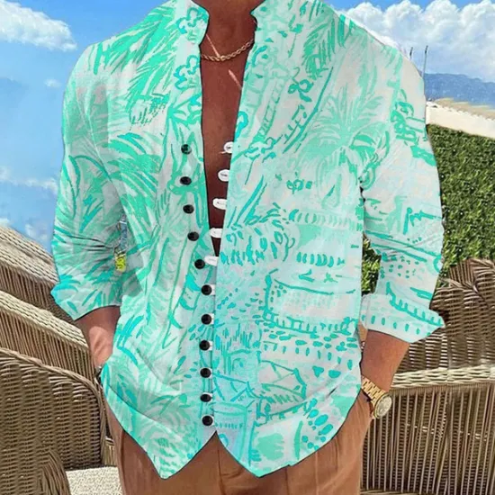 New OUKU Men's Palm Tree Tropical Plants Summer Hawaiian Shirt Aloha Shirt Printed Shirts Long Sleeve Shirt Standing Collar Hawaiian Resort Outdoor Vacation Daily Wear Pink Blue Orange S M L