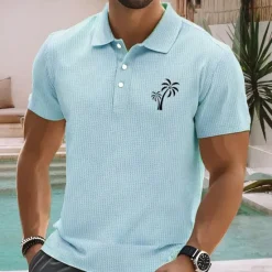 Discount OUKU Men's Palm Tree Waffle Polo Shirts Short Sleeve Polo Shirts Collared Shirts Resort Business Casual Business Athleisure Vacation Wear Buttons 3D Print Summer Blue Orange Green