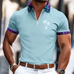 Discount OUKU Men's Palm Tree Zip Polo Short Sleeve Turndown Vacation Casual Daily Sports & Outdoor Athleisure Casual Daily Zipper Summer Amethyst Pink Black