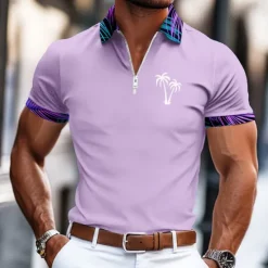 Discount OUKU Men's Palm Tree Zip Polo Short Sleeve Turndown Vacation Casual Daily Sports & Outdoor Athleisure Casual Daily Zipper Summer Amethyst Pink Black